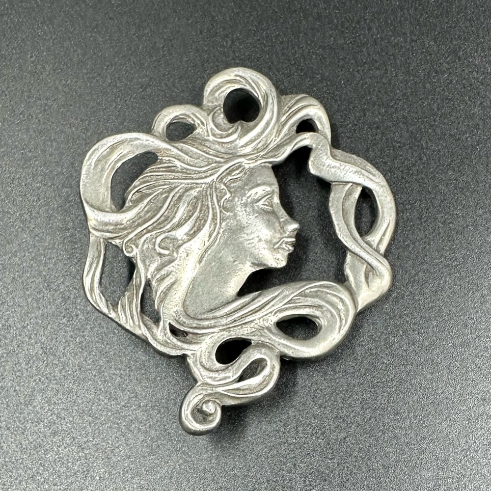 Vintage Art Nouveau Pewter Majestic Woman Pin or Pendant Signed Seagull Pewter